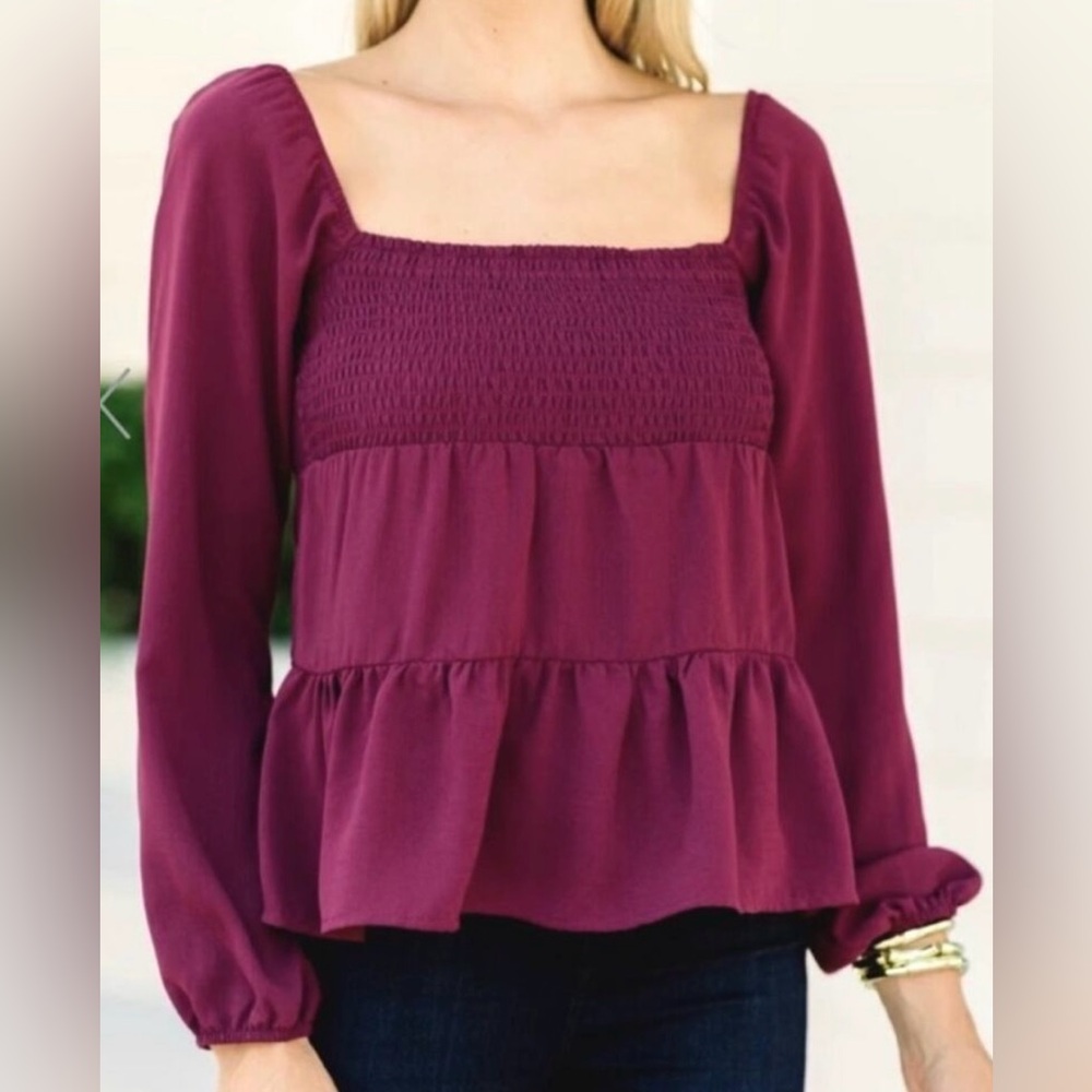 Paper Crane Berry Purple Smocked Baby Doll Long Sleeve Blouse Top Extra Small